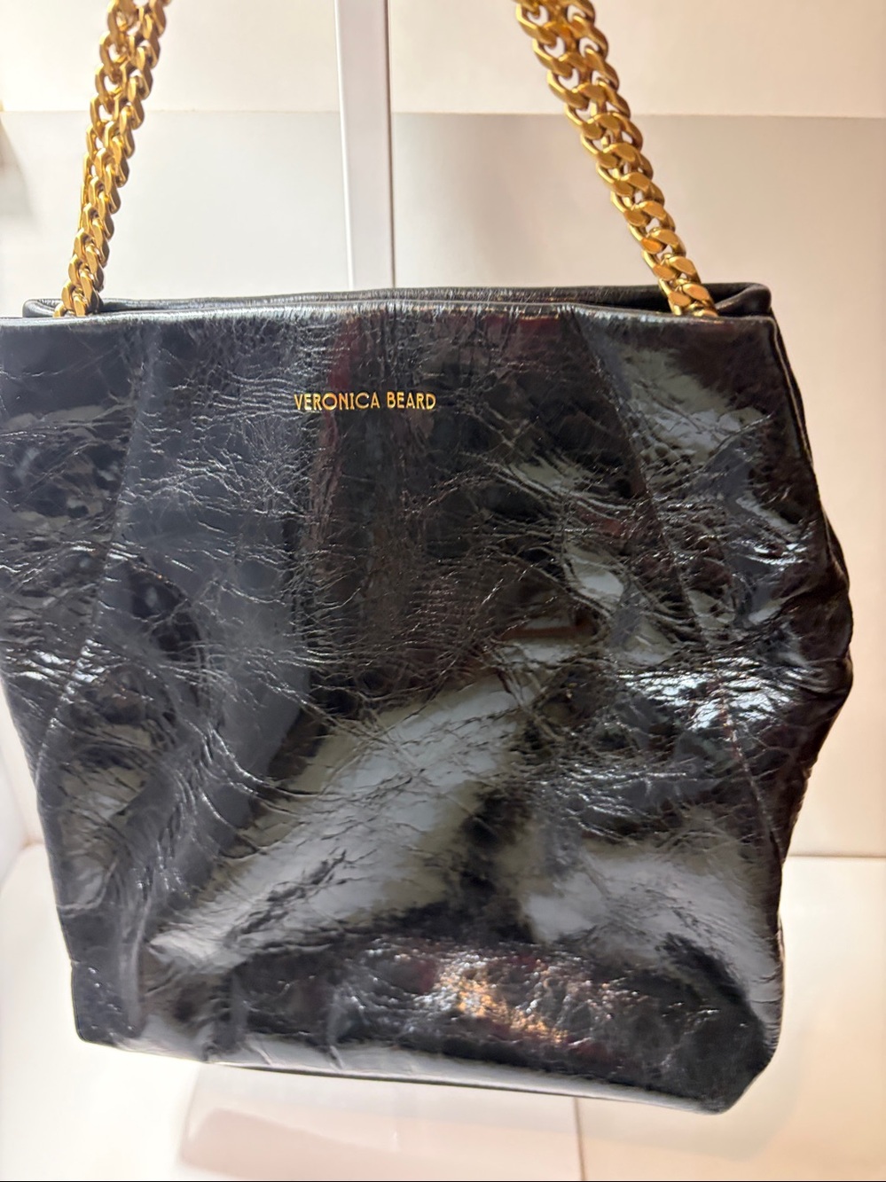 Veronica Beard Black Small Slouch Patent Leather Shoulder Bag with Gold Chains